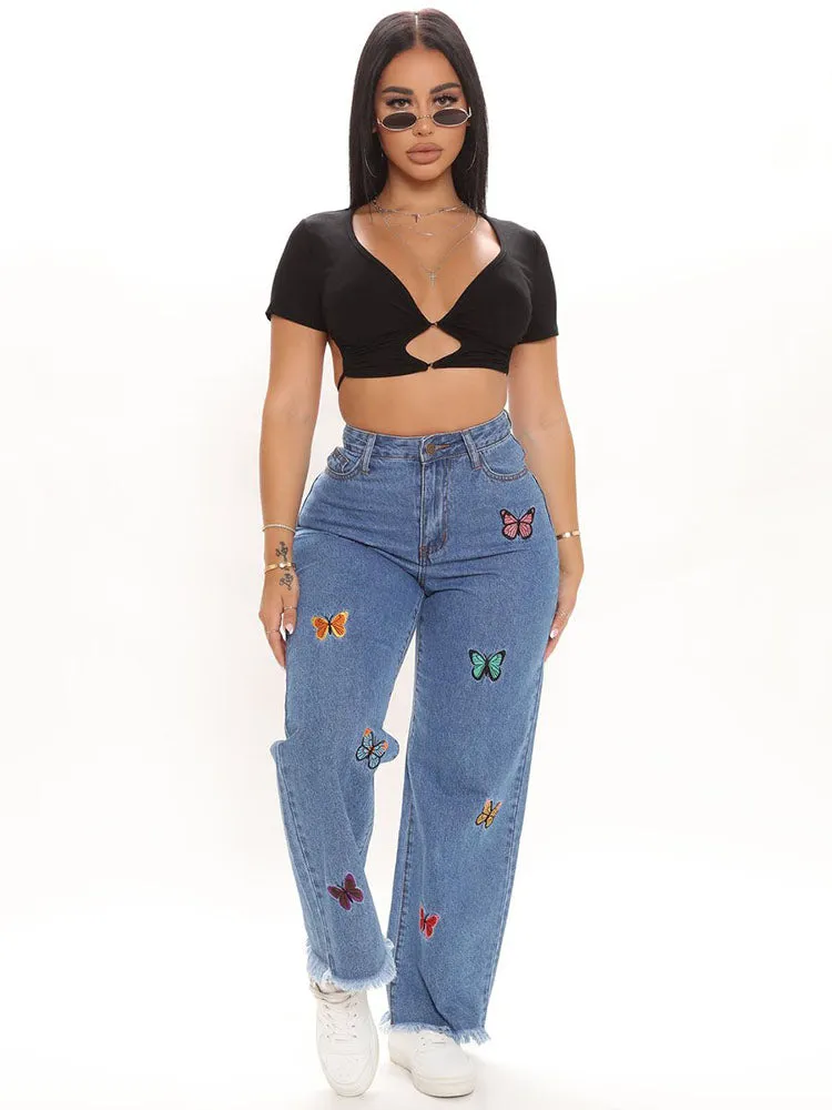 Butterfly Embroidery Straight Leg Jeans