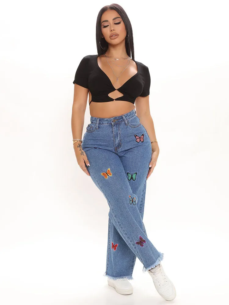 Butterfly Embroidery Straight Leg Jeans