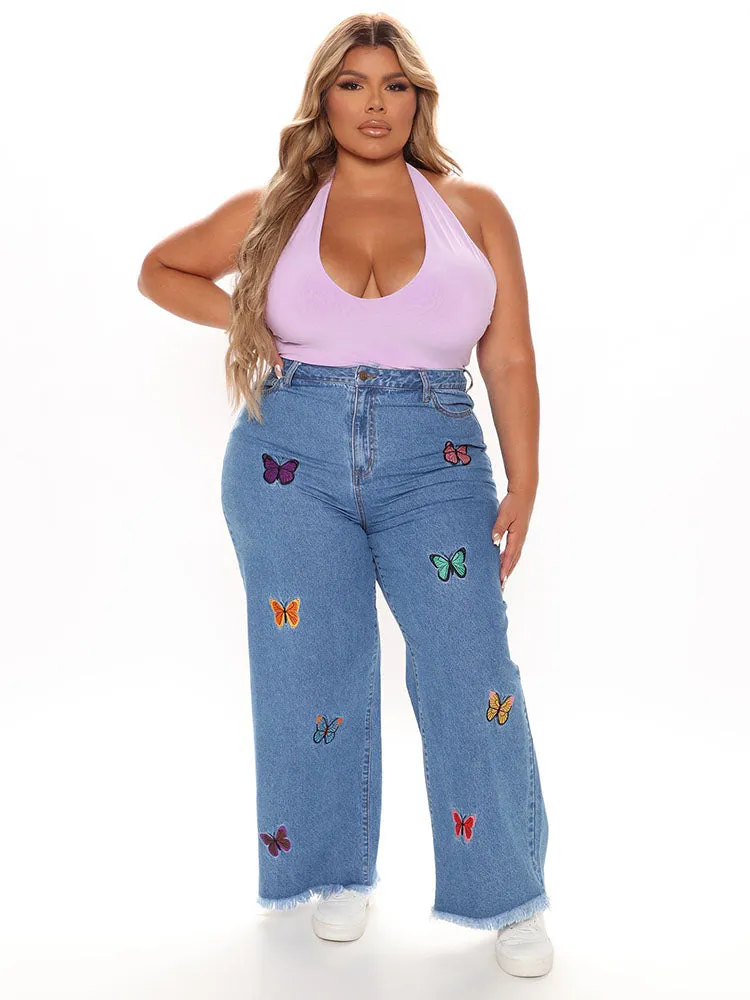 Butterfly Embroidery Straight Leg Jeans