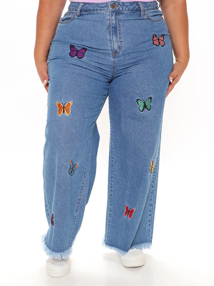 Butterfly Embroidery Straight Leg Jeans