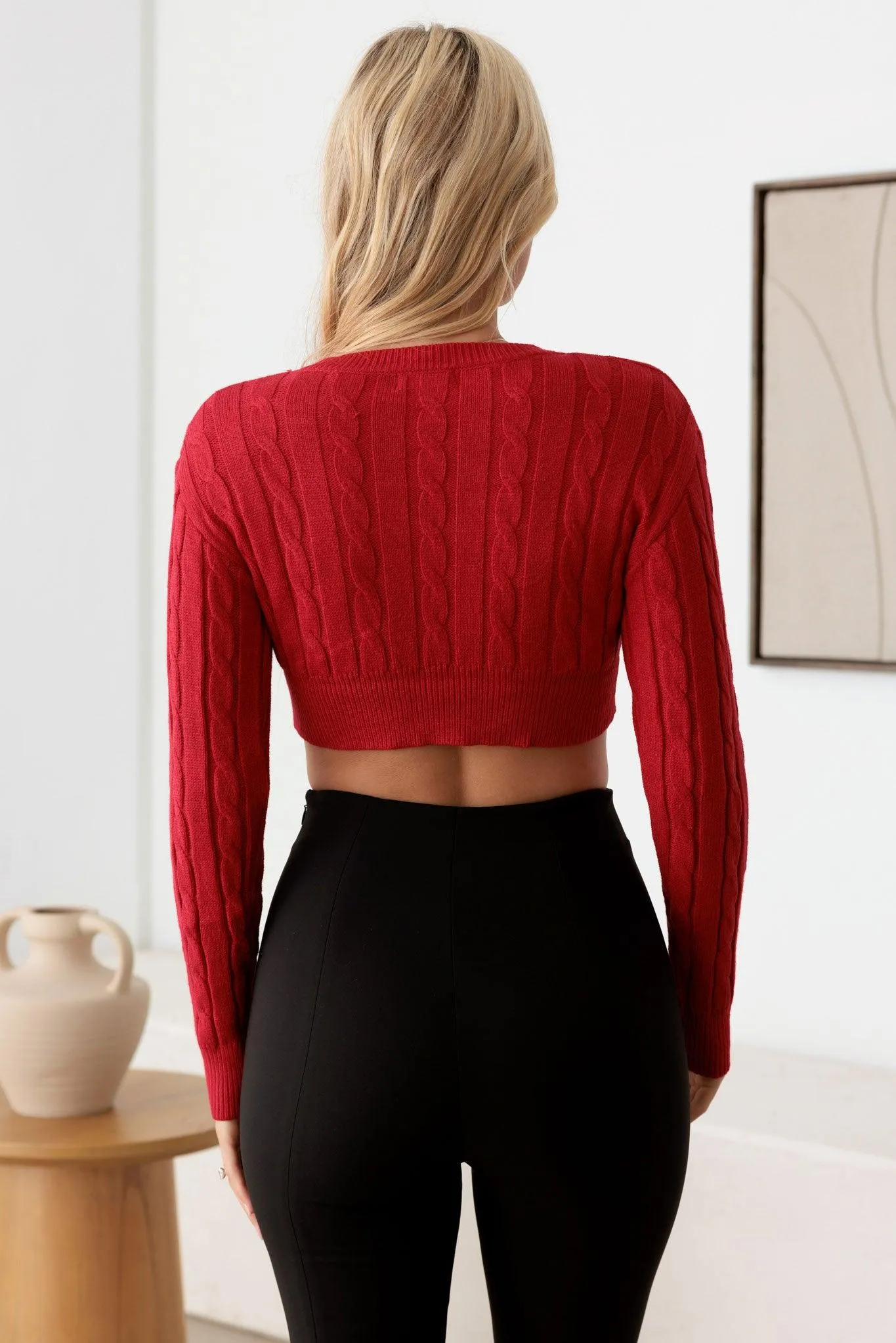 Cable Pattern Long Sleeve Crop Sweater Top