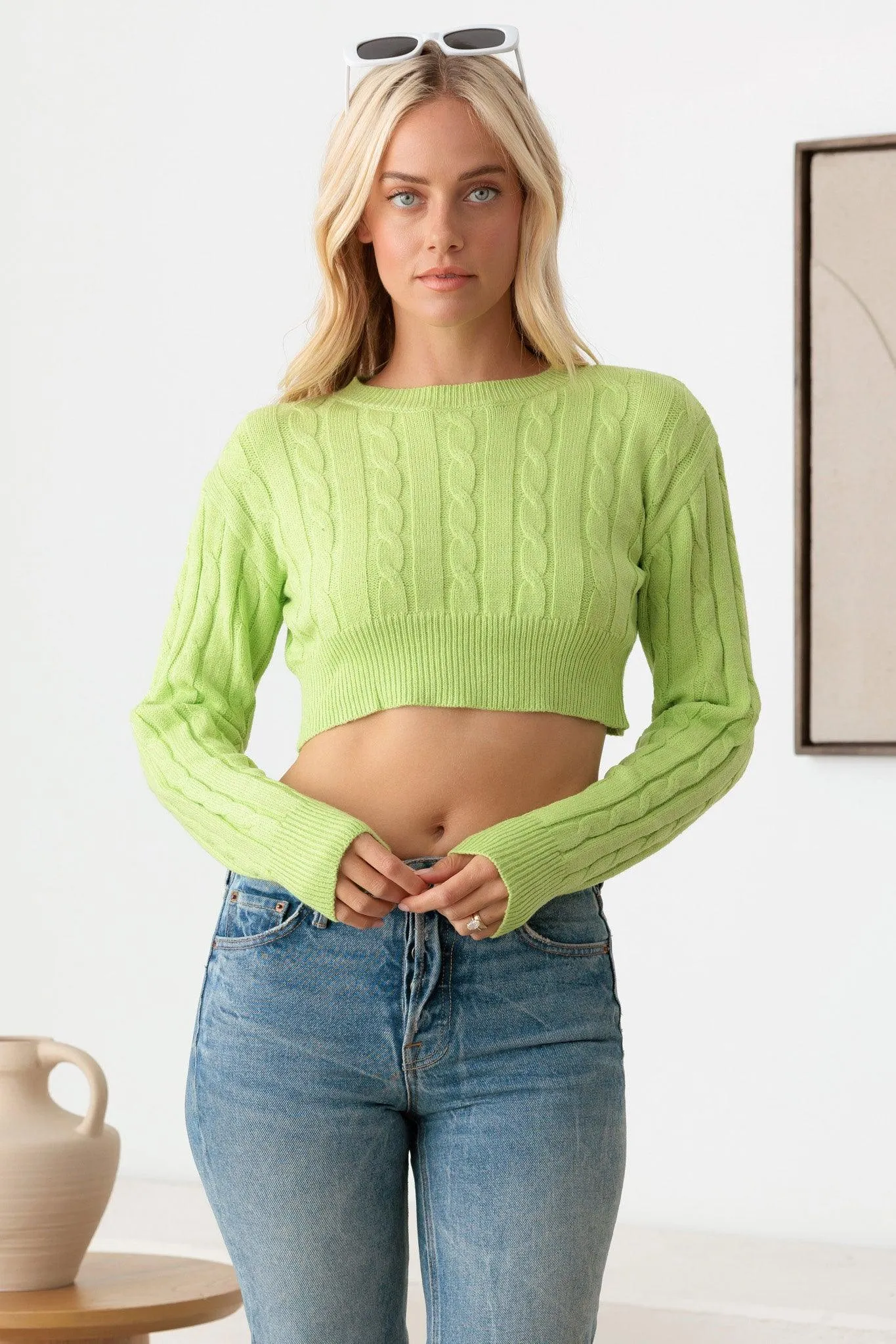 Cable Pattern Long Sleeve Crop Sweater Top