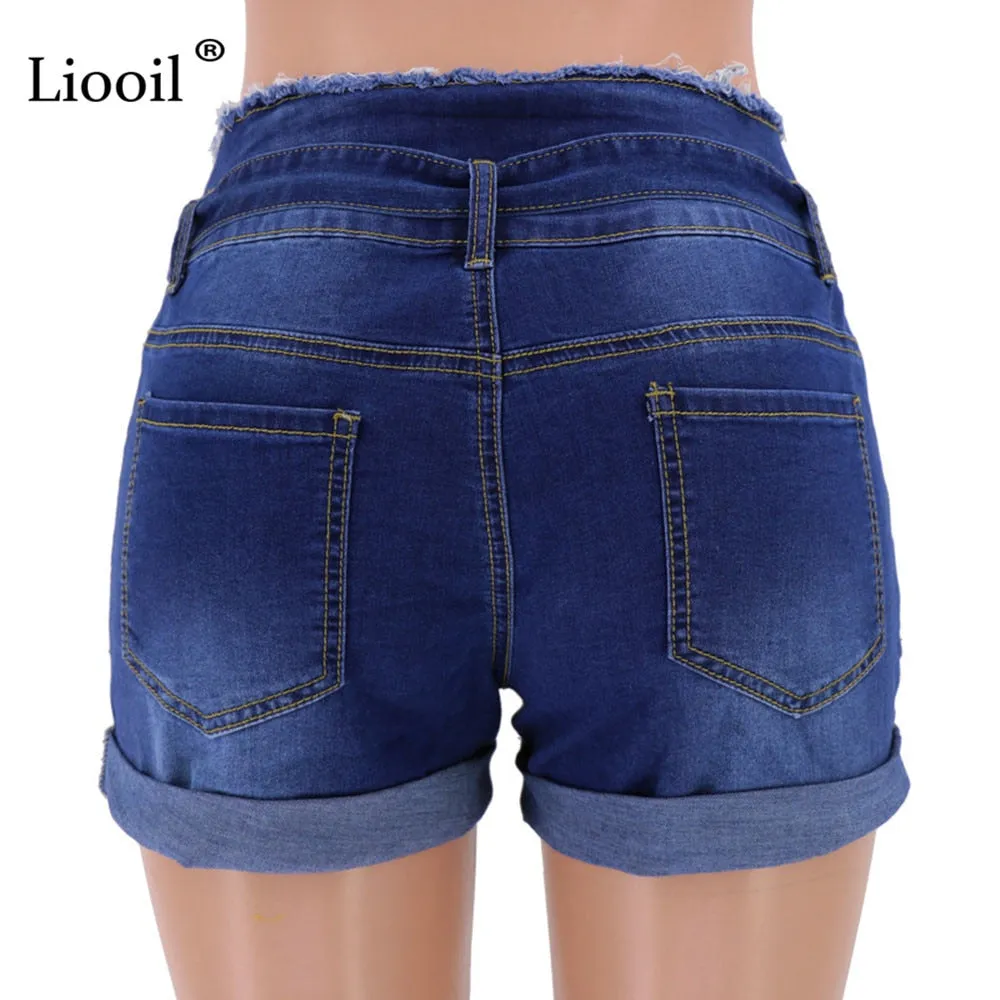 Casual Blue Denim High Waist Shorts Streetwear Cotton Lace-Up Sexy Slim Rave Jean Shorts With Pockets