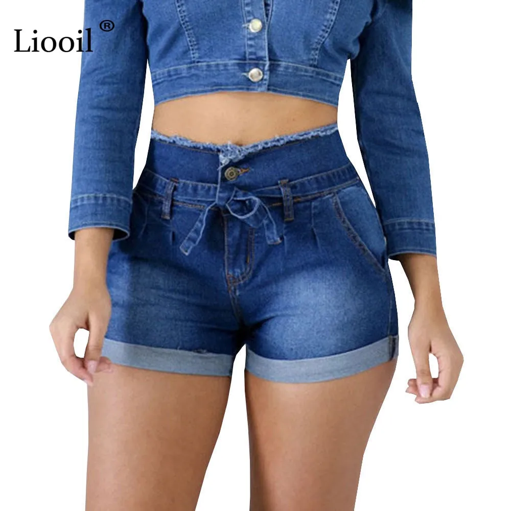 Casual Blue Denim High Waist Shorts Streetwear Cotton Lace-Up Sexy Slim Rave Jean Shorts With Pockets