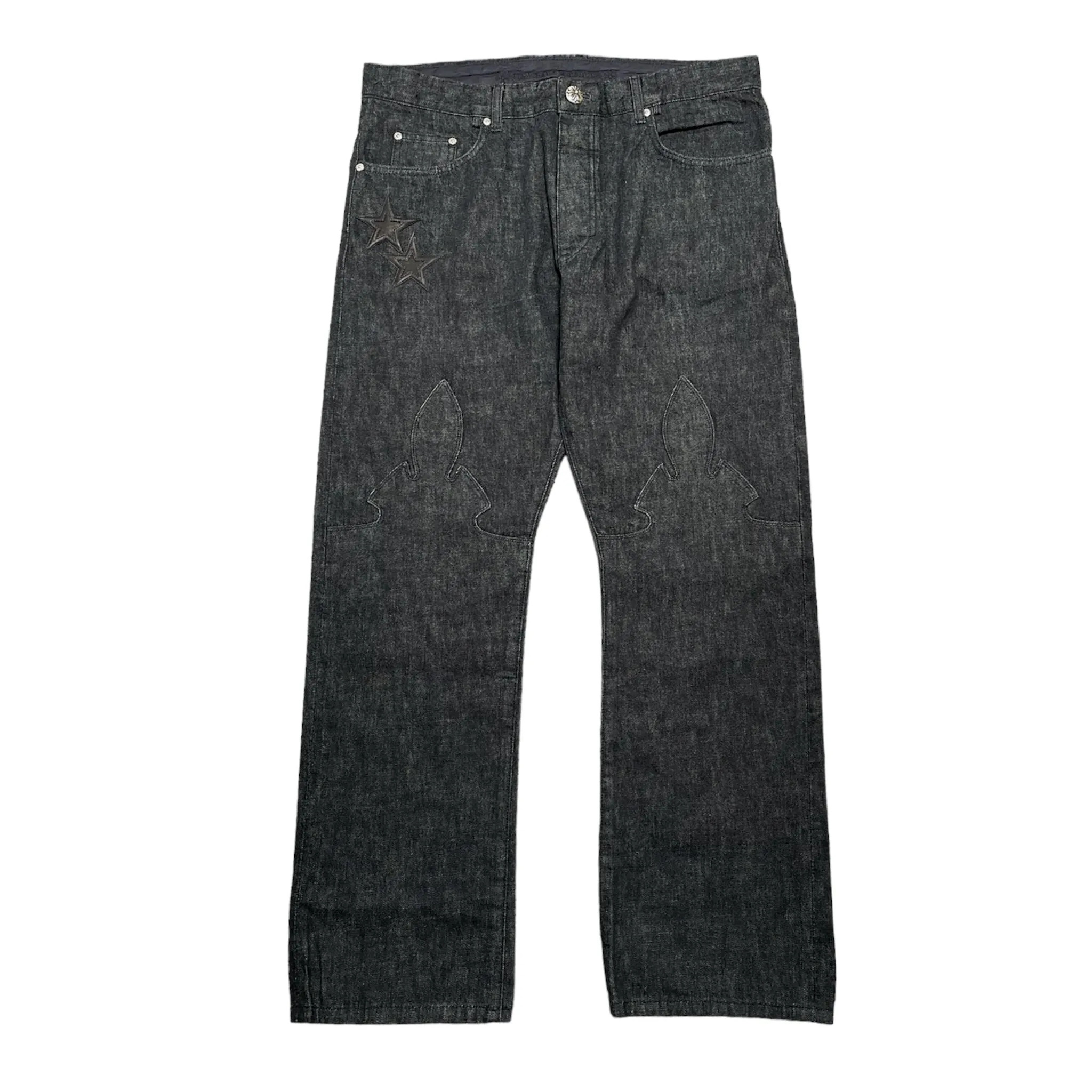 Chrome Hearts Le Fleur Knee Star Patch Jeans Washed Raw Denim