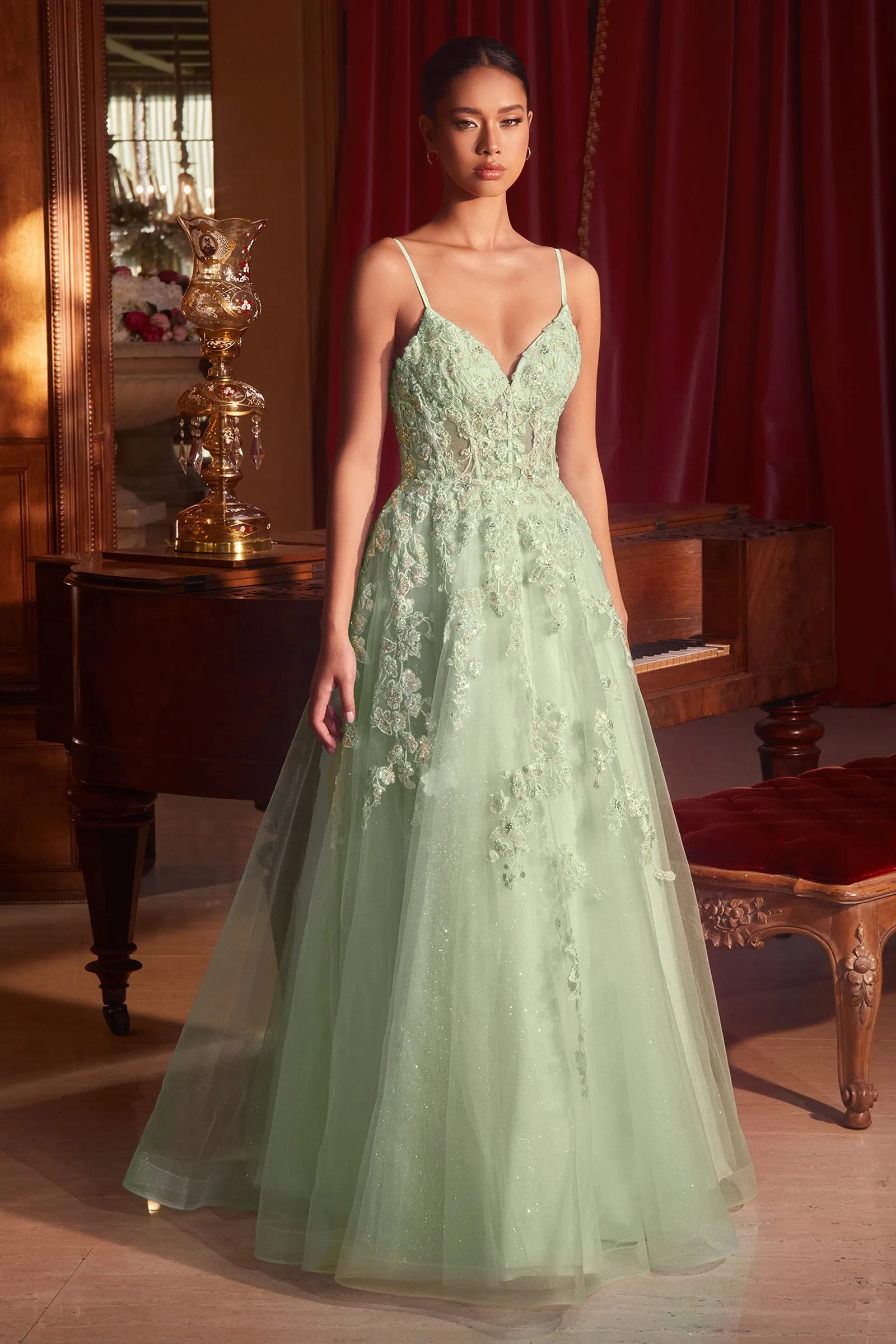 CINDERELLA DIVINE CM347  A-Line Floral Appliqued Tulle Gown with Corset