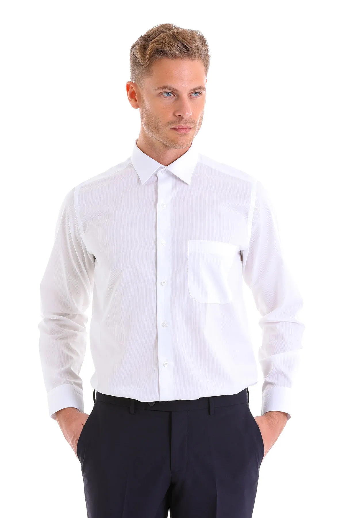 Classic Fit Long Sleeve Patterned Cotton Dress Shirt, White D.