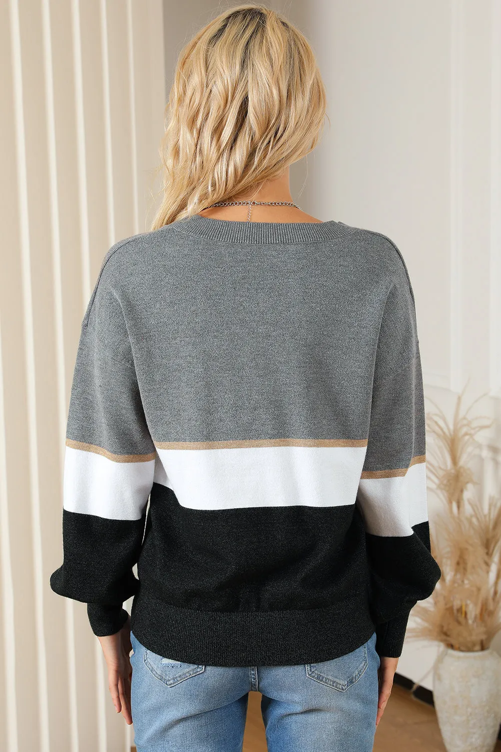 Color Block V Neck Long Sleeve Sweater