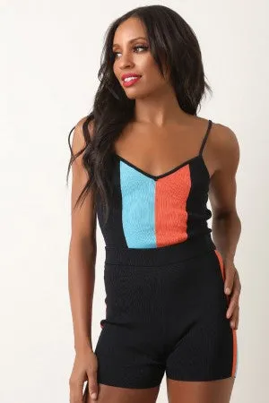 Colorblock Sweater Knit Crop Top with Side Striped Shorts Set