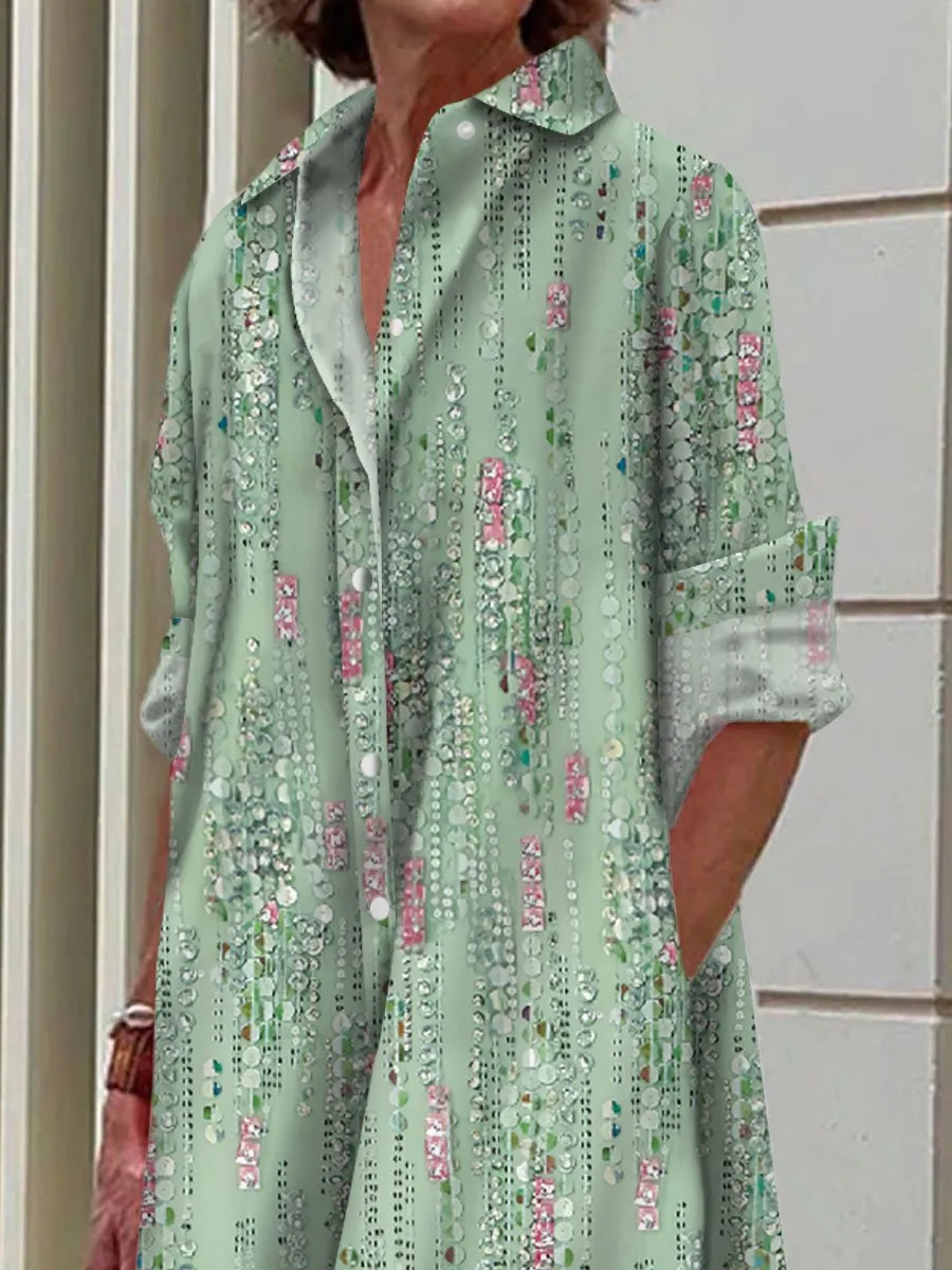 Colorful Sequin Print Casual Loose Long-Sleeved Shirt Dress