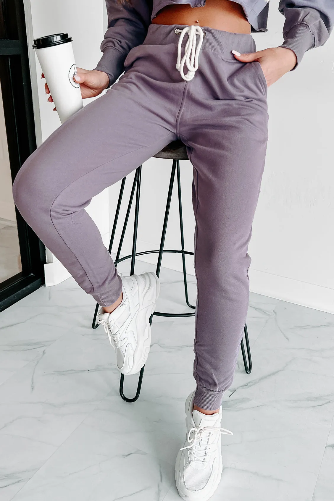 Comfortably Cool Zip-Front Crop Hoodie & Jogger Set (Dusty Purple)