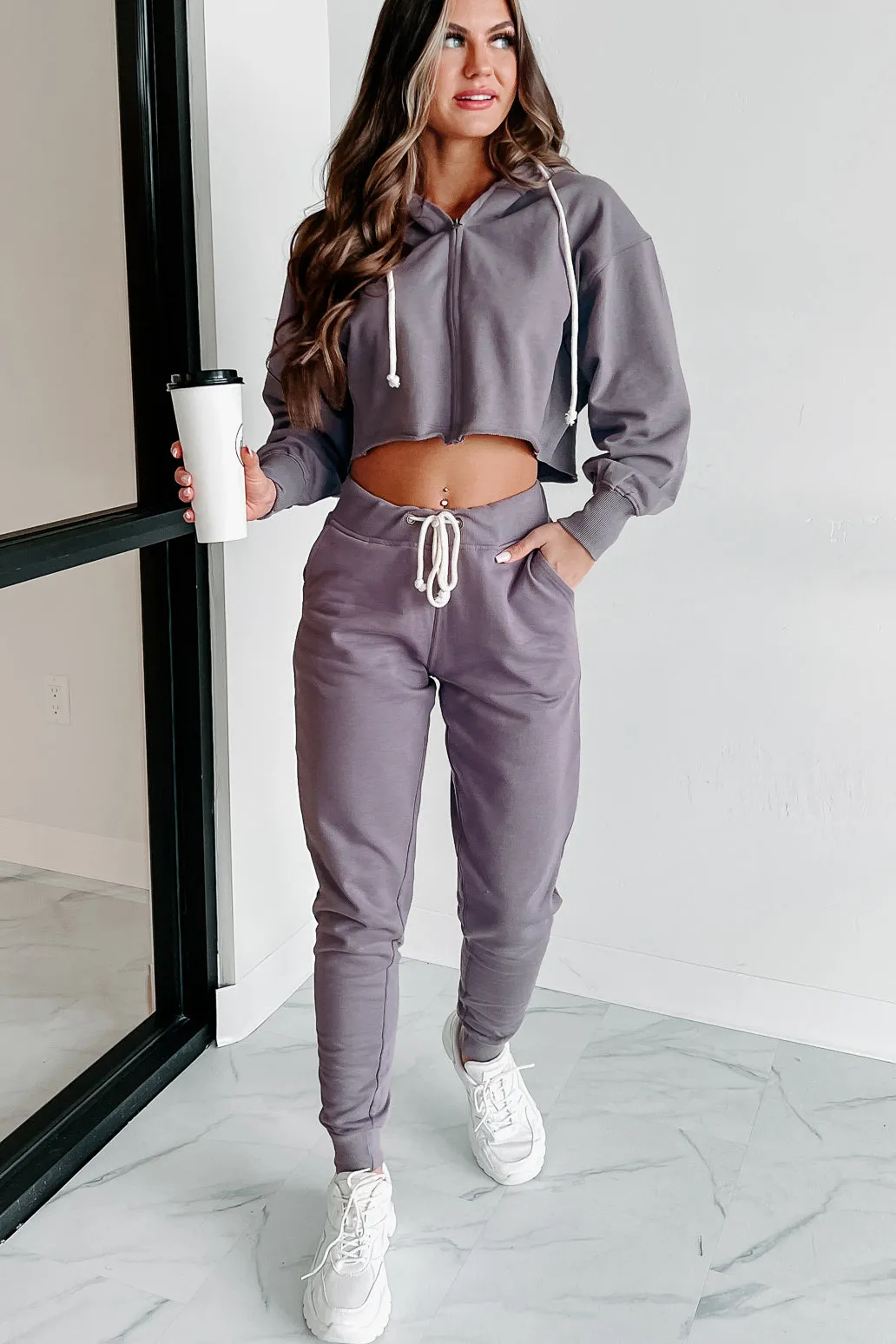 Comfortably Cool Zip-Front Crop Hoodie & Jogger Set (Dusty Purple)