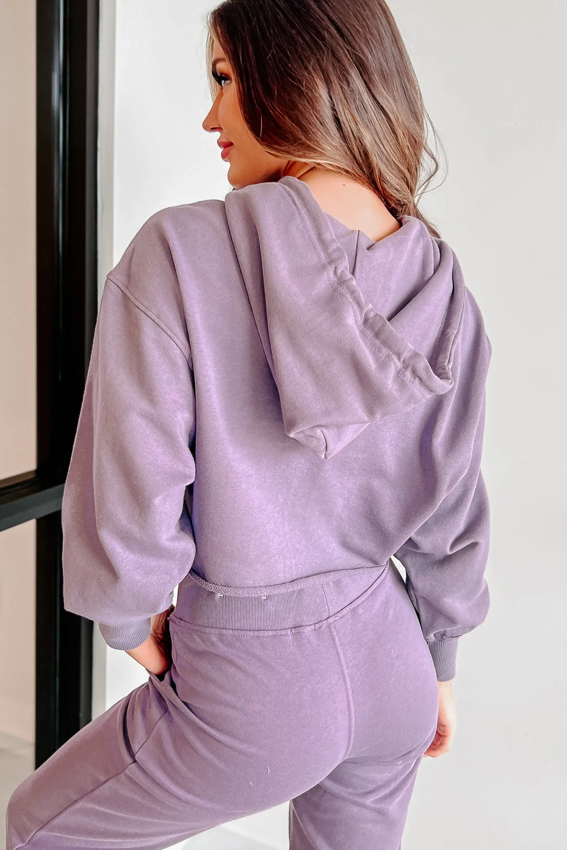 Comfortably Cool Zip-Front Crop Hoodie & Jogger Set (Dusty Purple)