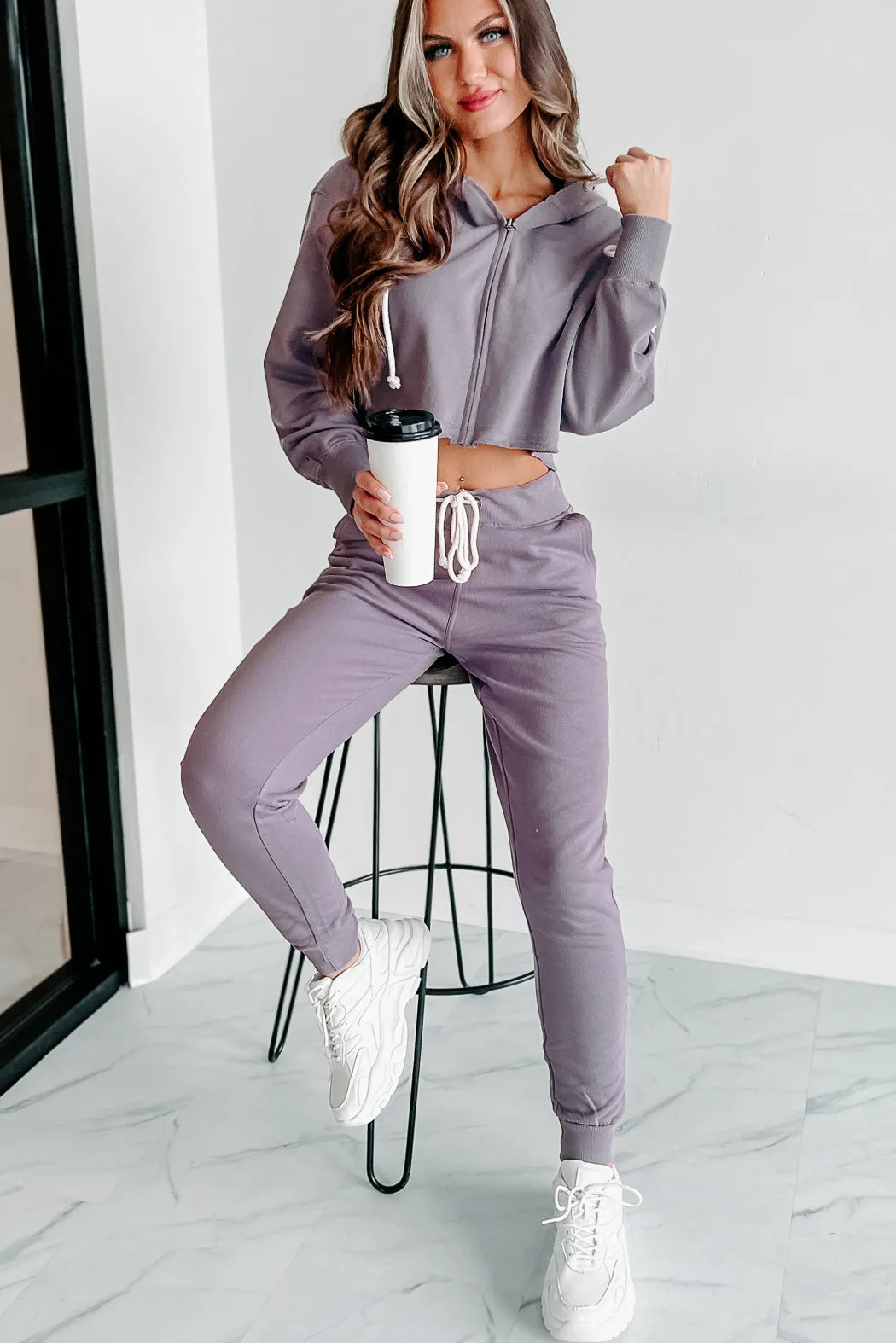 Comfortably Cool Zip-Front Crop Hoodie & Jogger Set (Dusty Purple)