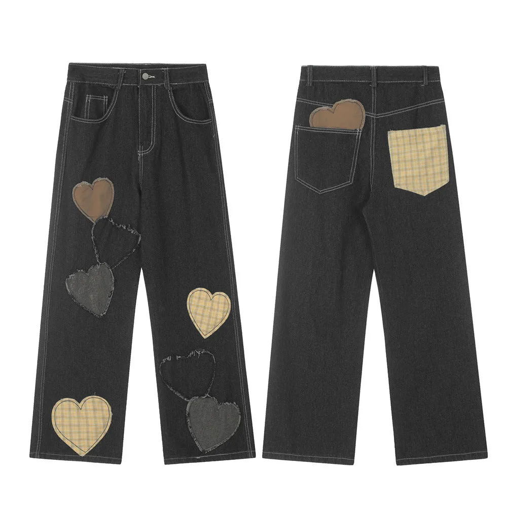 Contrast Color Love Patch Denim Straight-leg Trousers Men