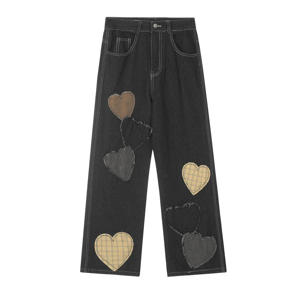 Contrast Color Love Patch Denim Straight-leg Trousers Men