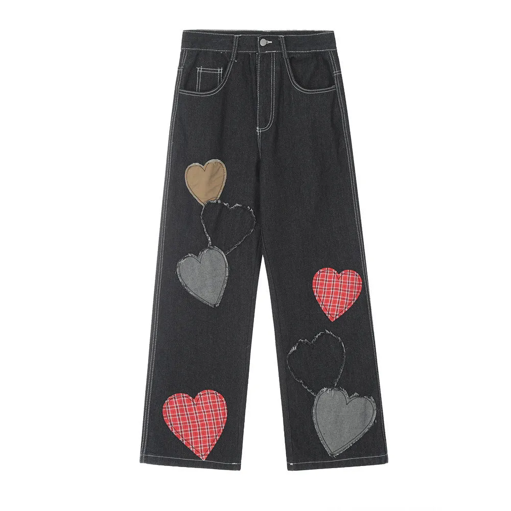 Contrast Color Love Patch Denim Straight-leg Trousers Men