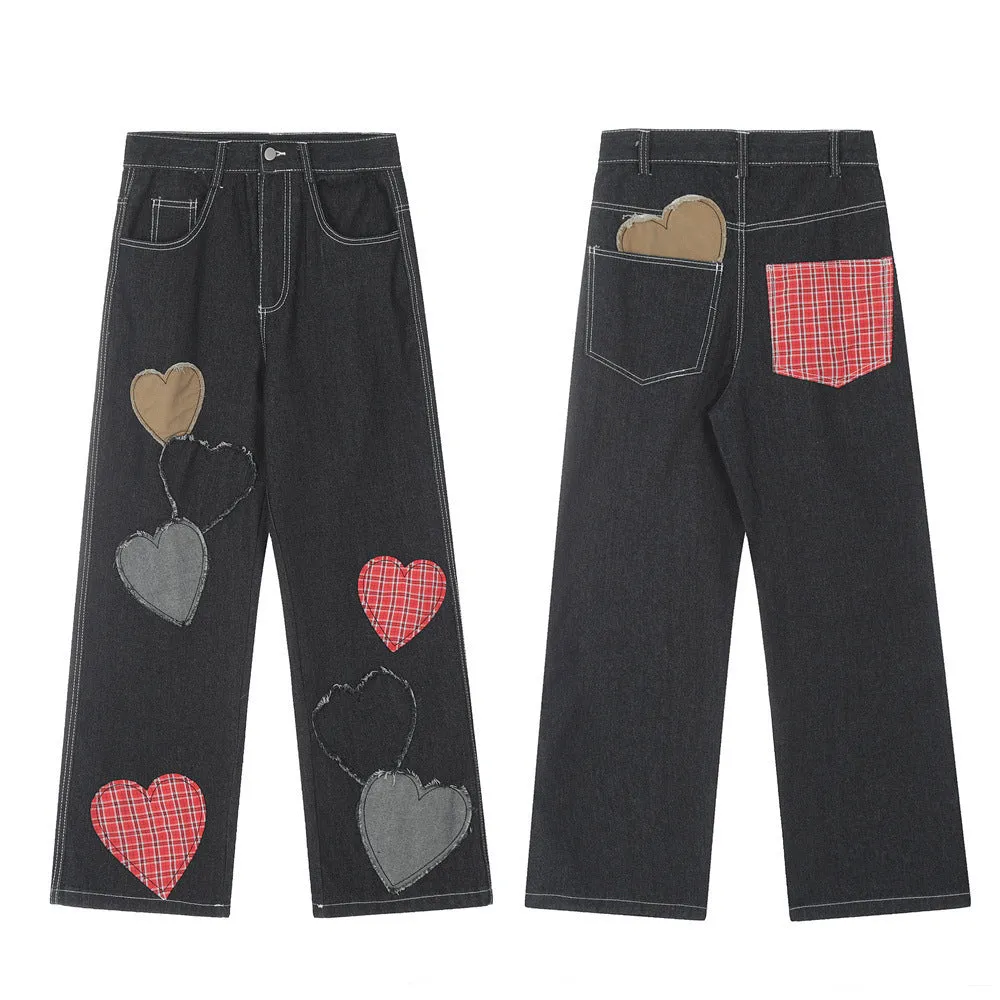 Contrast Color Love Patch Denim Straight-leg Trousers Men