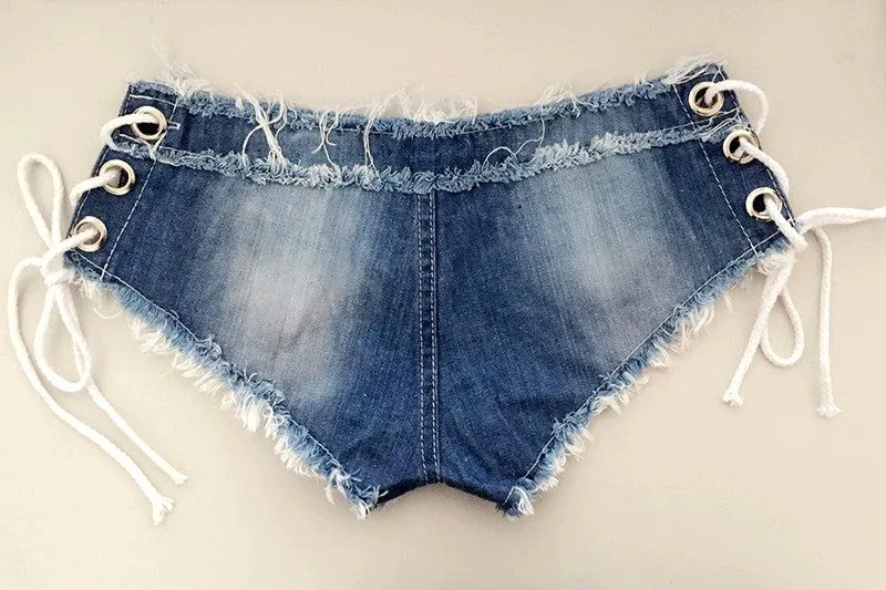 Cotton Lace-up Skinny Super Short Denim Shorts