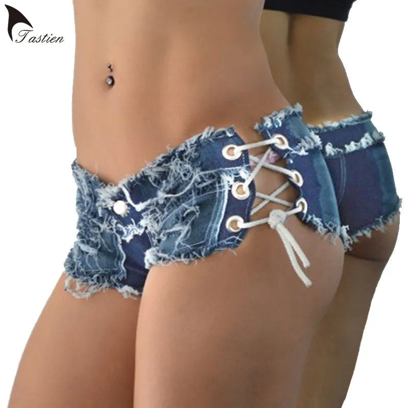 Cotton Lace-up Skinny Super Short Denim Shorts