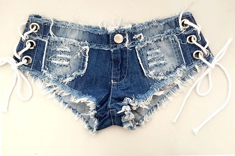 Cotton Lace-up Skinny Super Short Denim Shorts