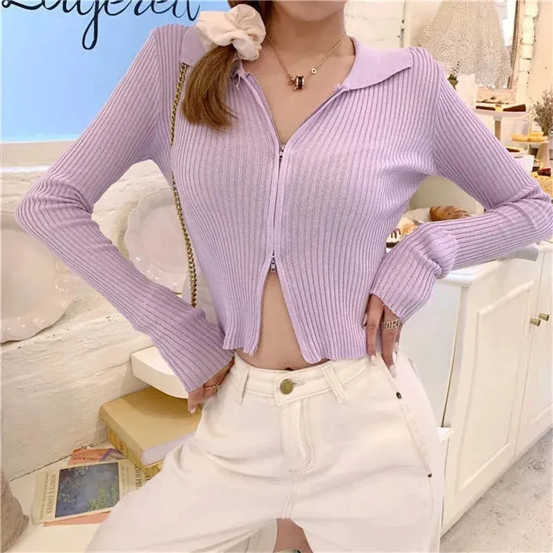 Crop Ribbed Knit Sweater with Long Sleeves