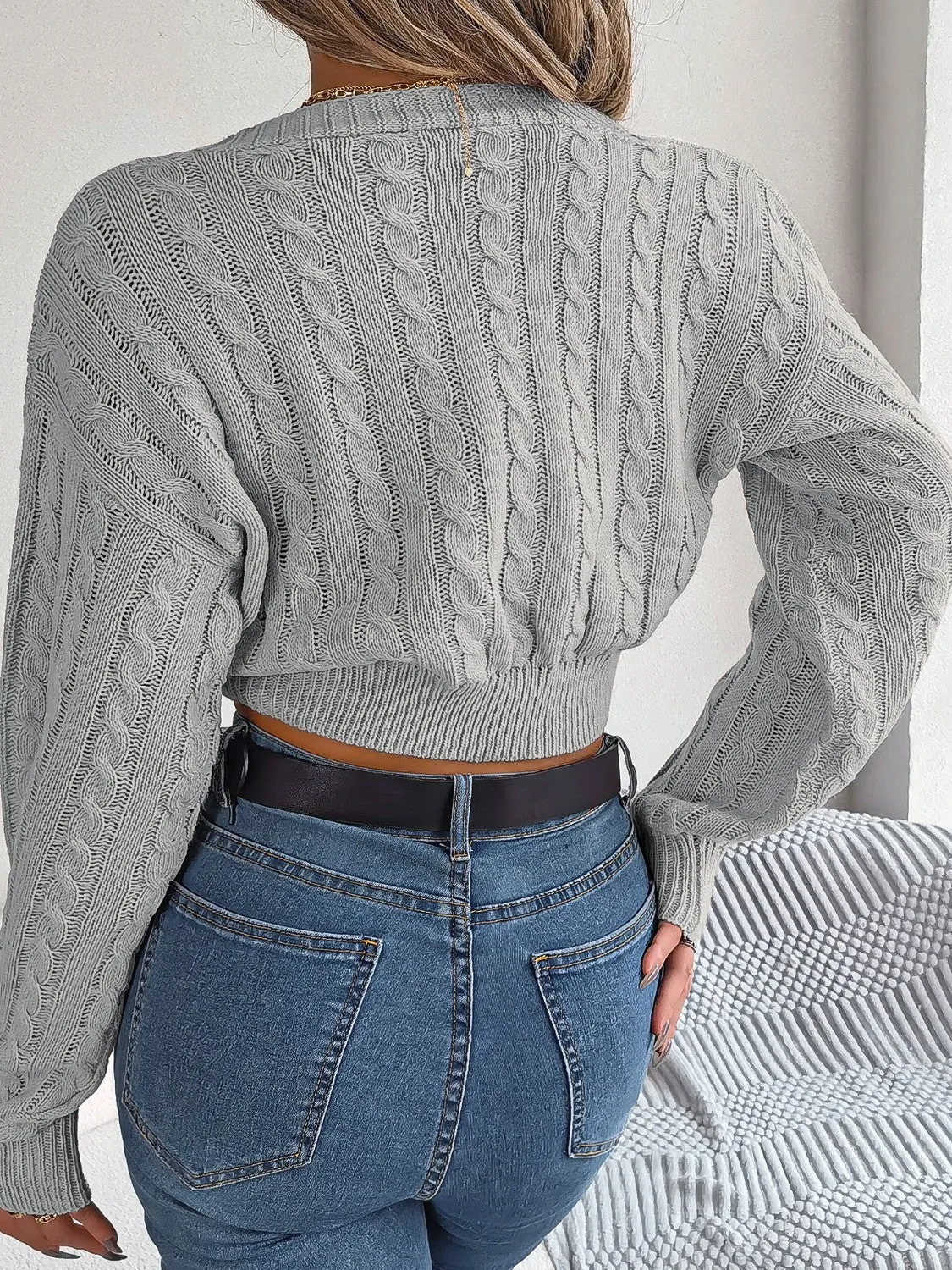 Cropped Twisted Cable-Knit V-Neck Sweater