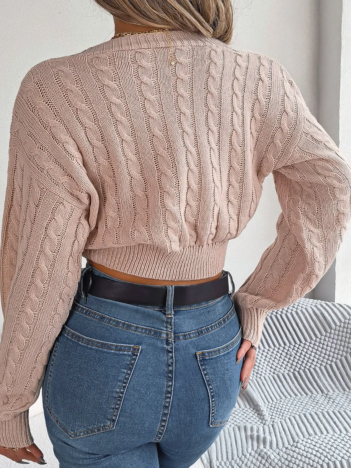 Cropped Twisted Cable-Knit V-Neck Sweater