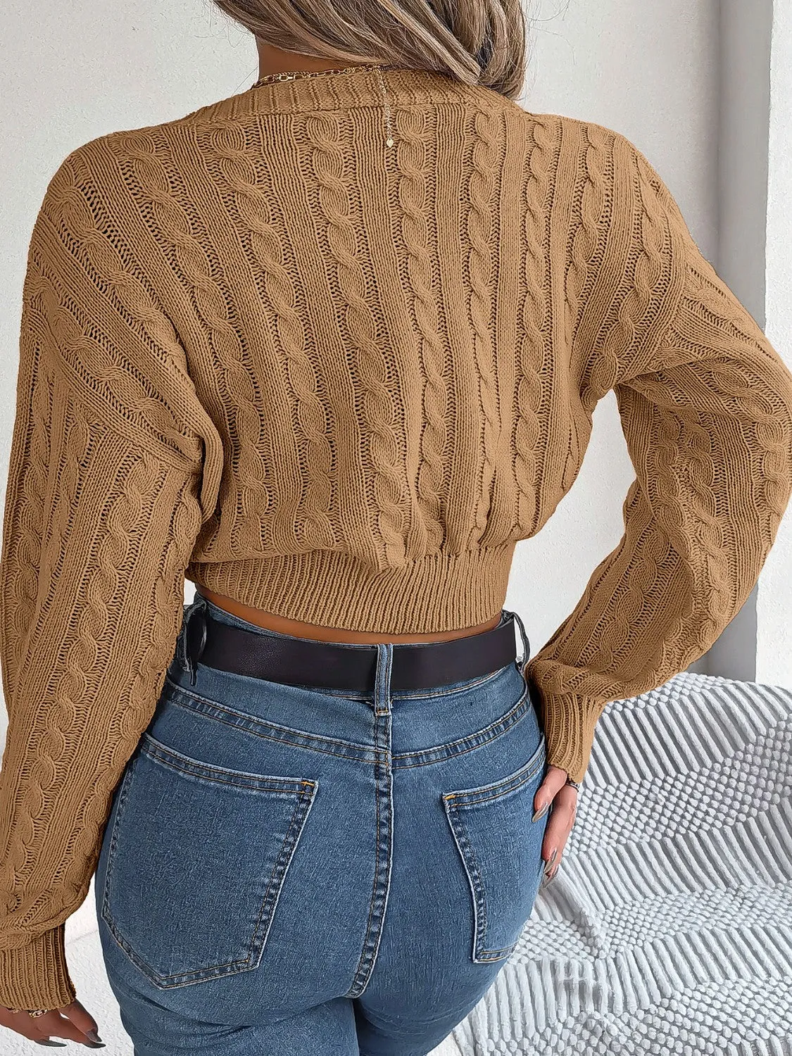 Cropped Twisted Cable-Knit V-Neck Sweater