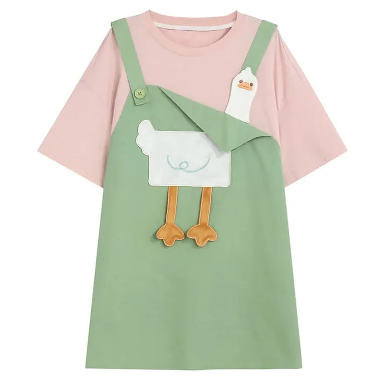 Cute and Quirky: Cartoon Duck Embroidery T-Shirt Dress