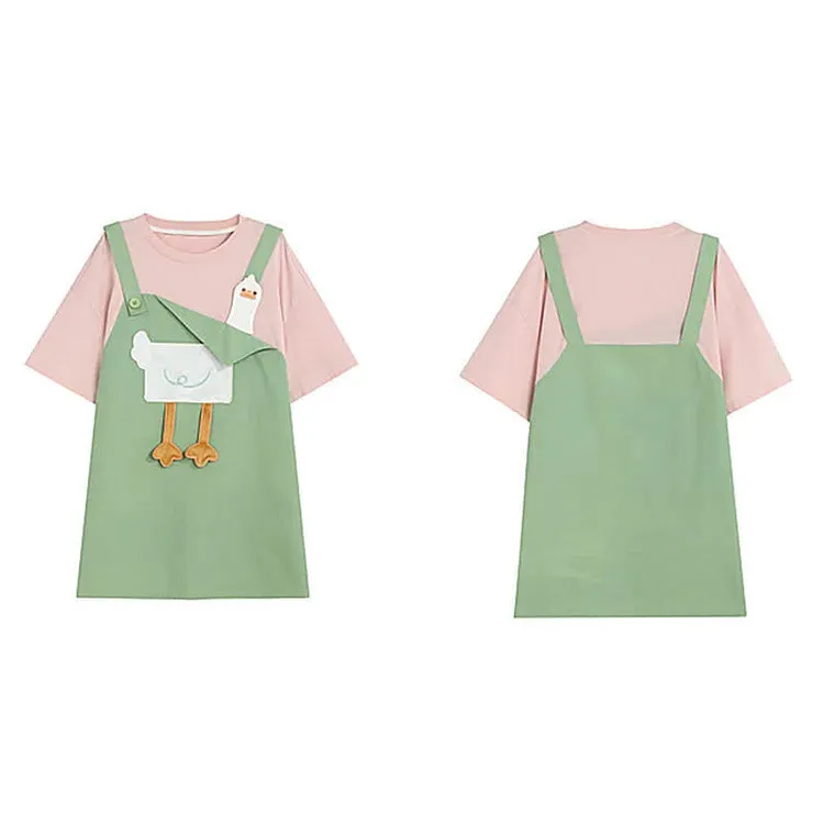 Cute and Quirky: Cartoon Duck Embroidery T-Shirt Dress