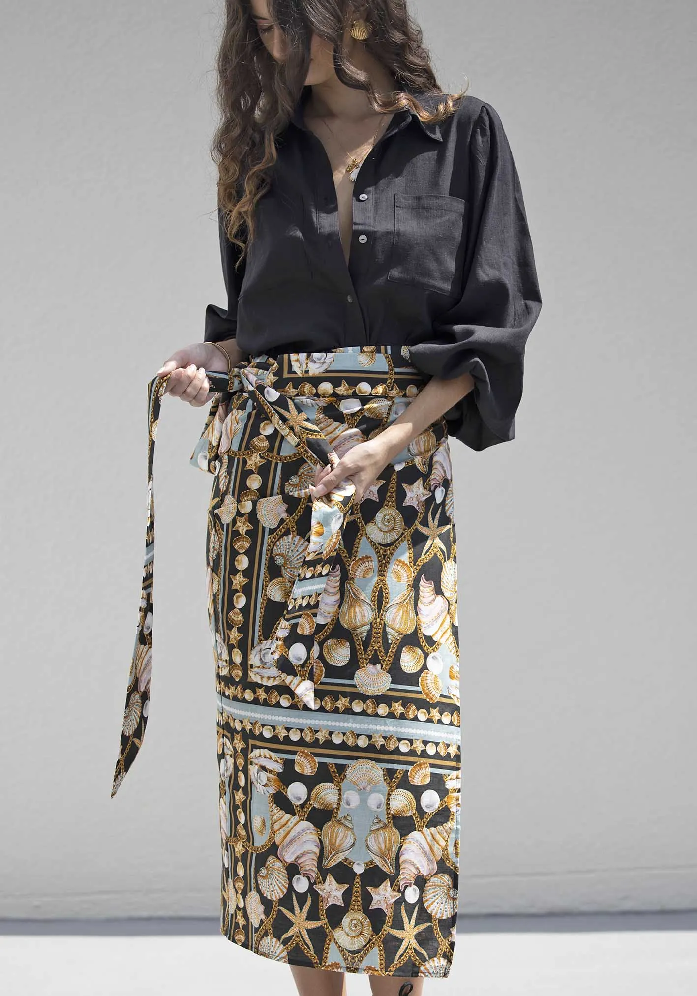 Dark Treasure Linen Midi Wrap Skirt