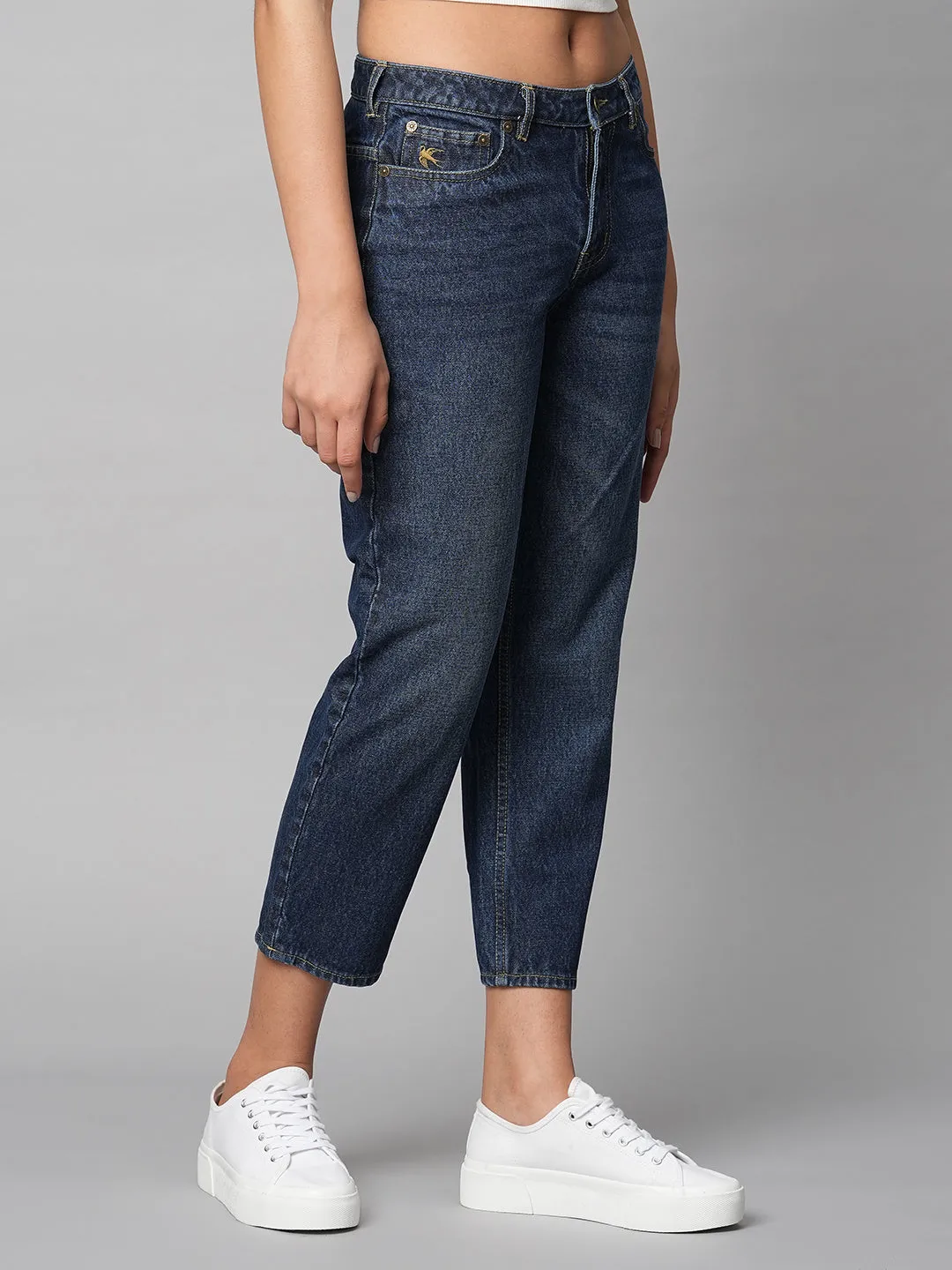 Dark Wash Denim Mid Rise Straight Leg Cropped Jeans