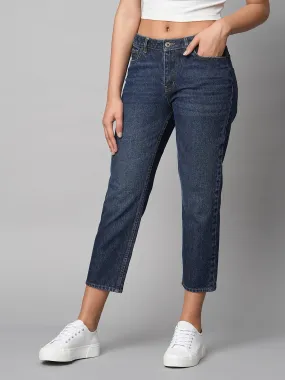 Dark Wash Denim Mid Rise Straight Leg Cropped Jeans