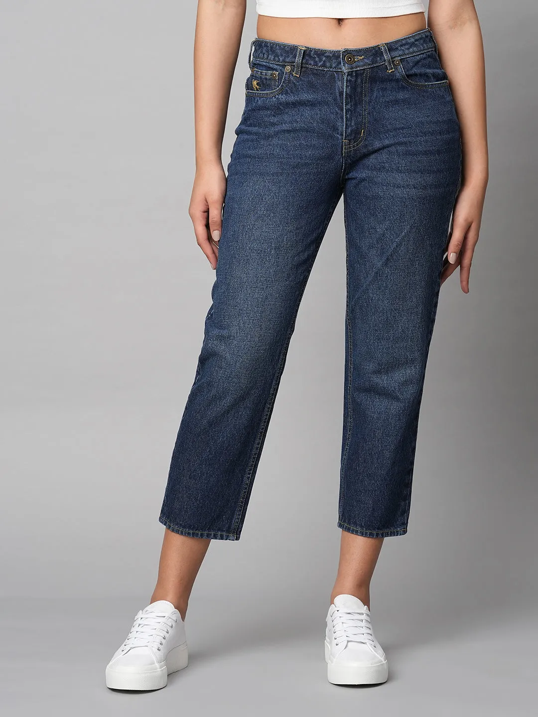 Dark Wash Denim Mid Rise Straight Leg Cropped Jeans