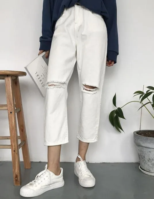 Denim Ripped Knee Holes White Black Oversized Jeans