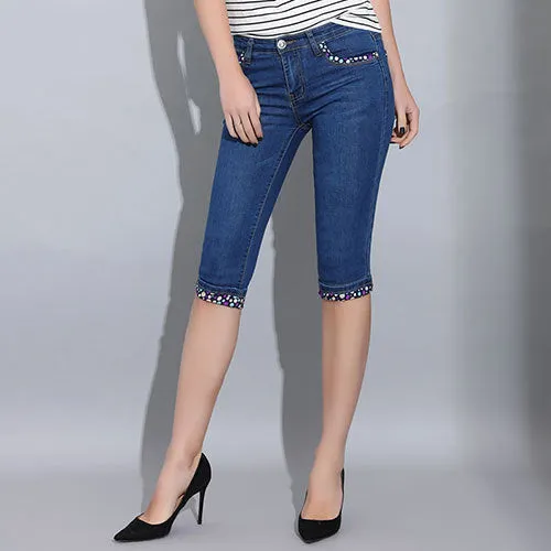 Denim Skinny Capris Pants Stretch Fashion Polka Dot Elastic Knee Length Jeans