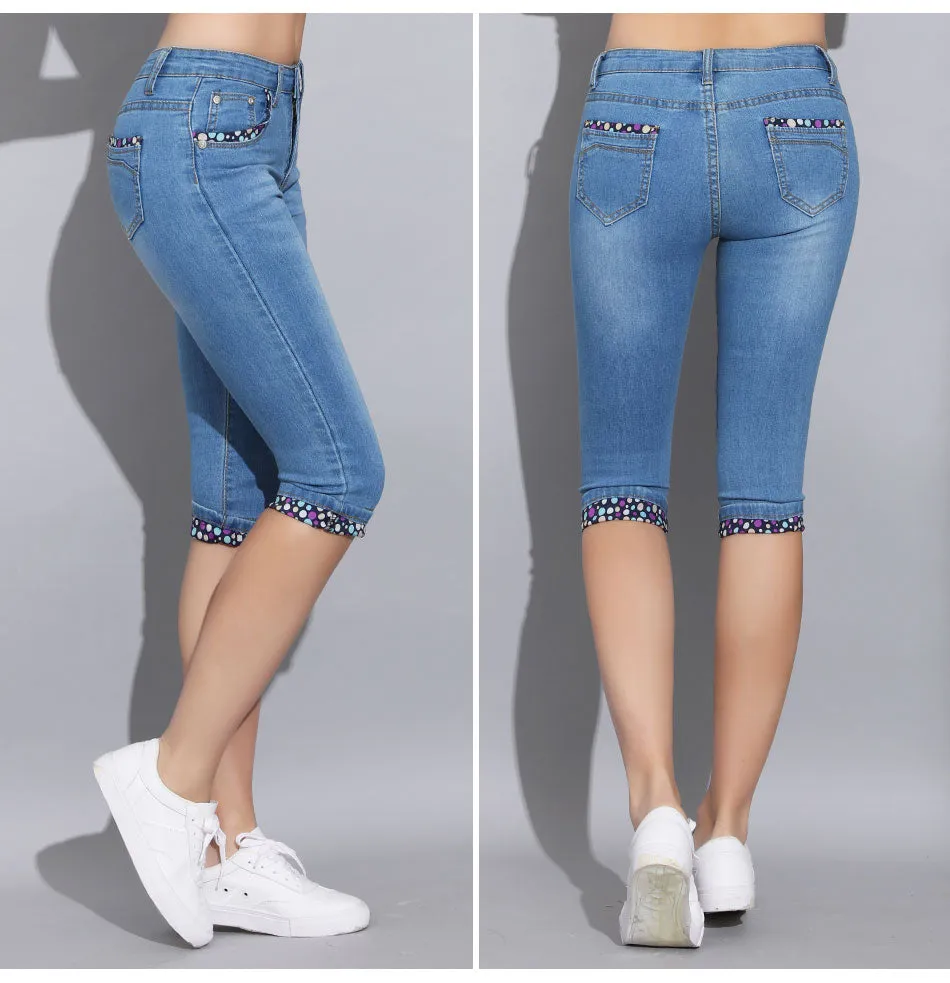 Denim Skinny Capris Pants Stretch Fashion Polka Dot Elastic Knee Length Jeans