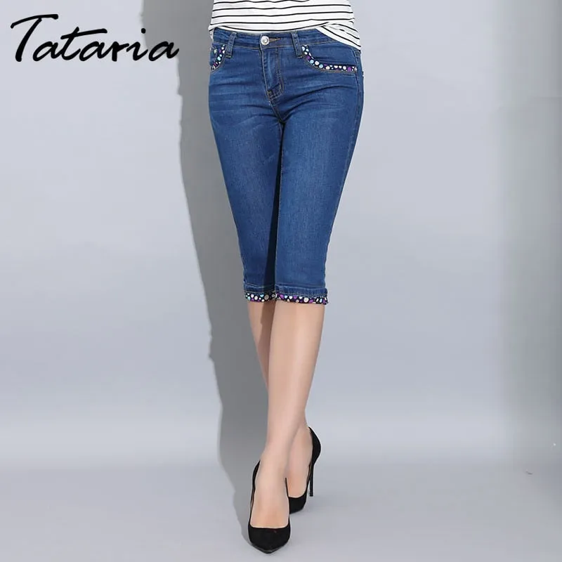 Denim Skinny Capris Pants Stretch Fashion Polka Dot Elastic Knee Length Jeans