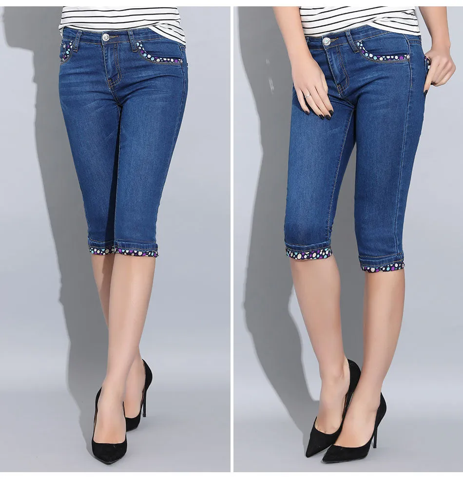 Denim Skinny Capris Pants Stretch Fashion Polka Dot Elastic Knee Length Jeans