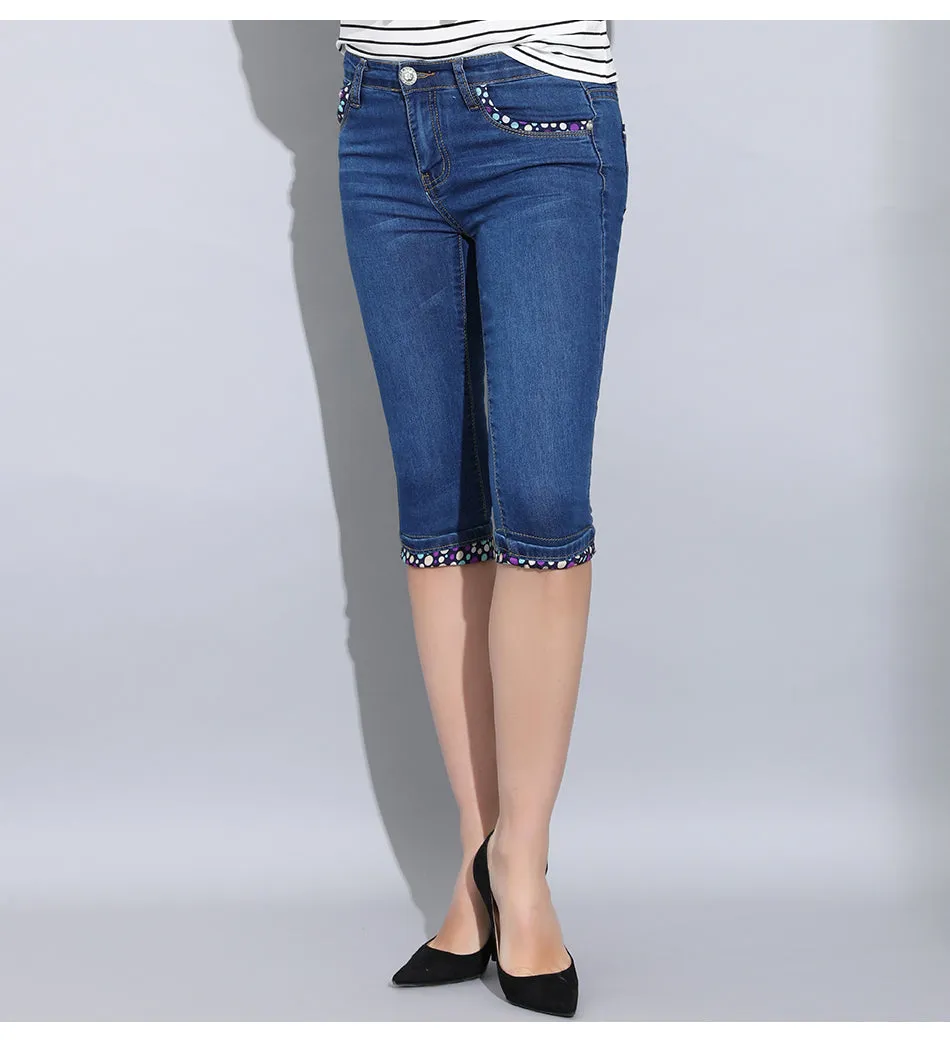 Denim Skinny Capris Pants Stretch Fashion Polka Dot Elastic Knee Length Jeans