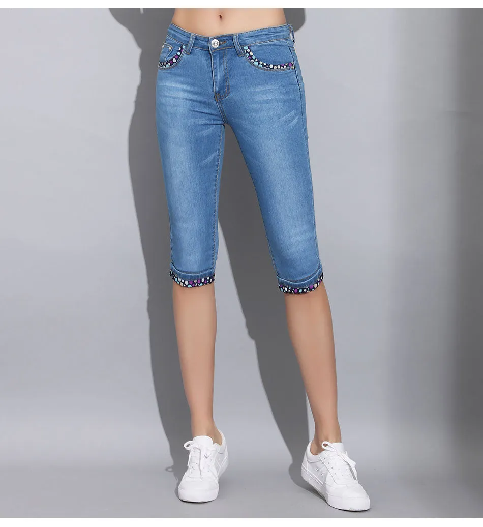 Denim Skinny Capris Pants Stretch Fashion Polka Dot Elastic Knee Length Jeans