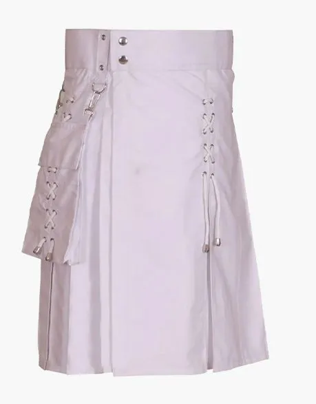 DESIGN OF WHITE UTILITY KILT FOR MEN WITH LACES