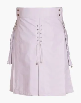 DESIGN OF WHITE UTILITY KILT FOR MEN WITH LACES