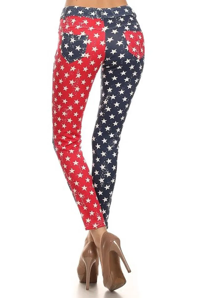 Distressed Star Spangled Patriotic USA Red White Blue Leggings Pants