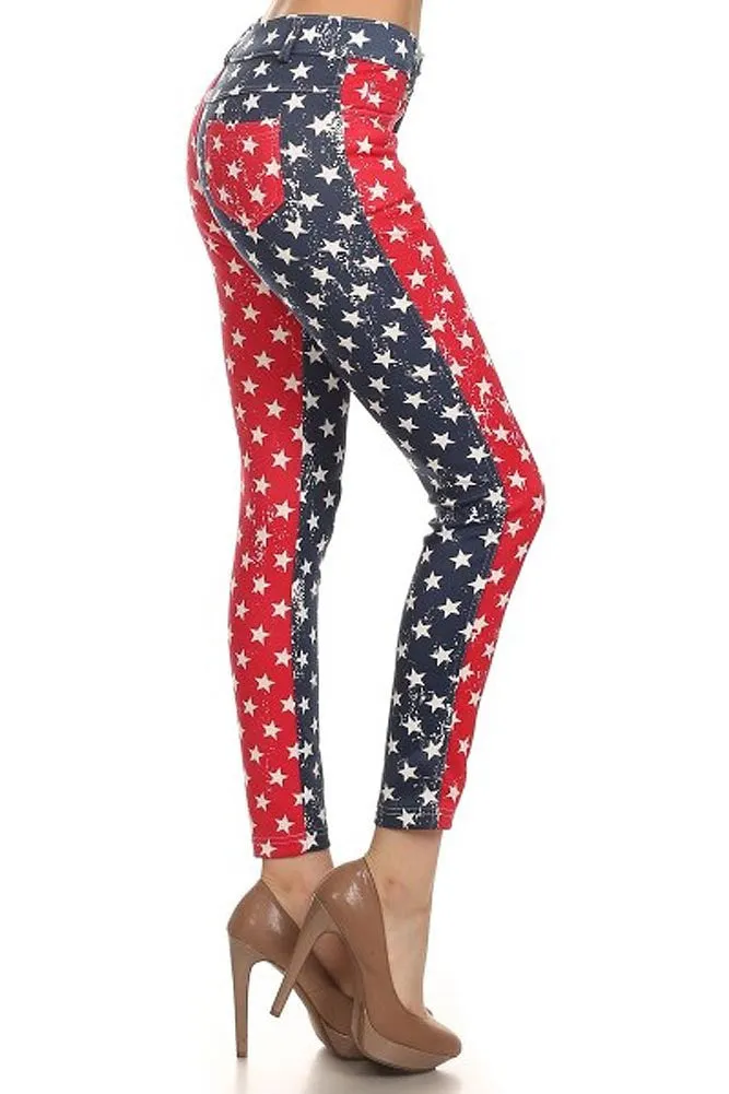 Distressed Star Spangled Patriotic USA Red White Blue Leggings Pants