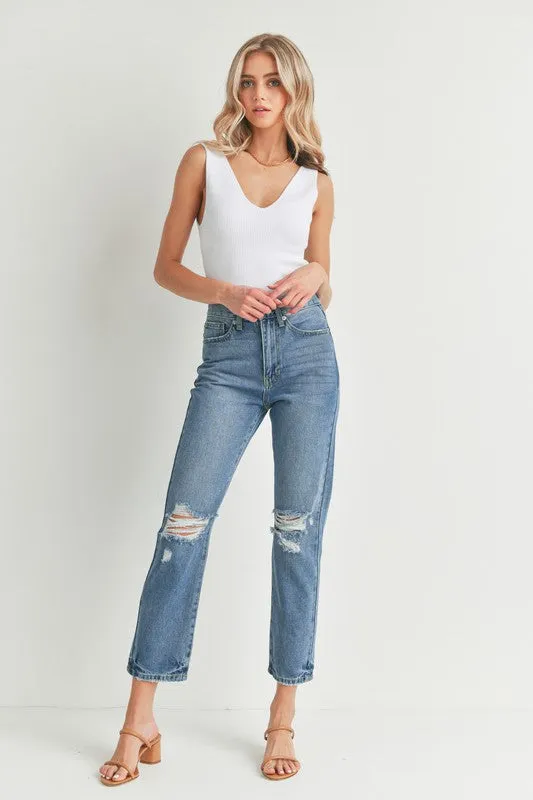 Distressed Straight Jeans Medium Denim