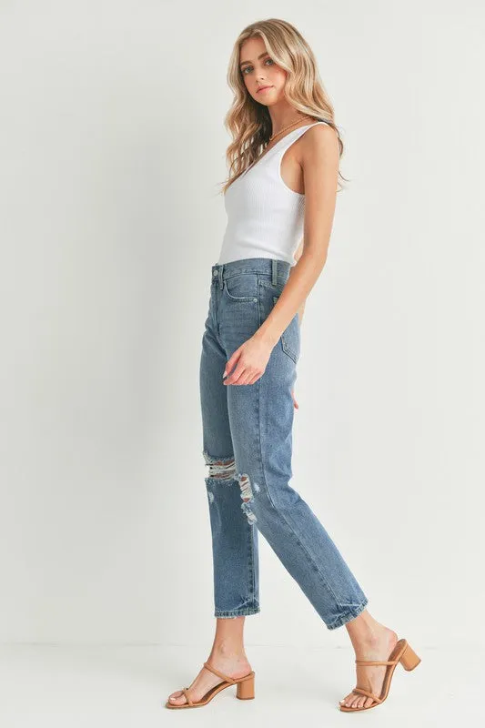 Distressed Straight Jeans Medium Denim