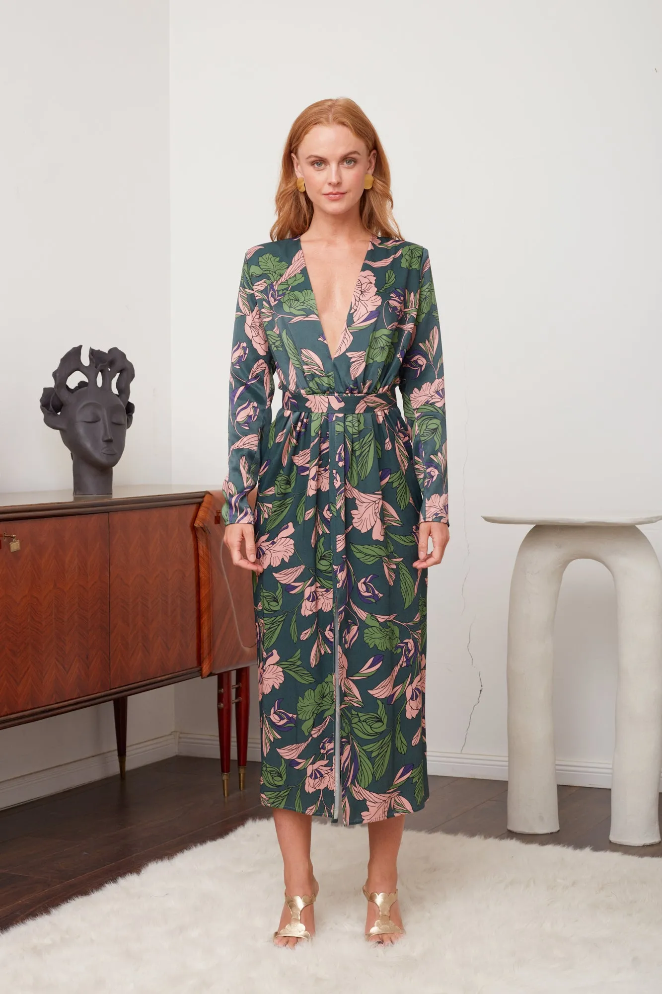 ENORA floral print midi dress with deep V neck