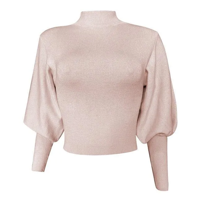 Exaggerated Lantern Sleeve Cropped Knit Sweater